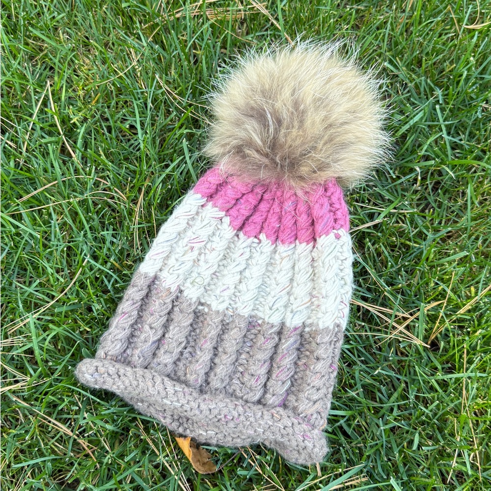 Cozy Pink and Cream Knit Pom-Pom Hat